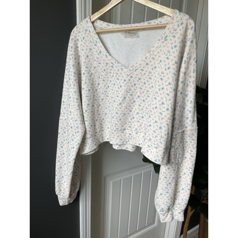 AS Revival Altar'd State Floral Waffle Knit Cropped V-Neck L/S Pullover Top L